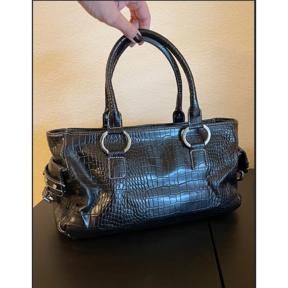 Valerie Stevens Bling Rhinestone Faux Croc Embossed Black Satchel Bag - Picture 9 of 13